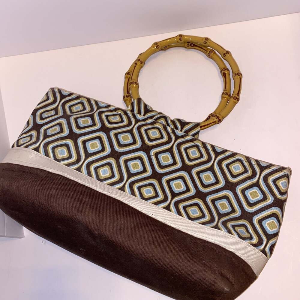 Bamboo Handled Handbag Purse Blue Brown Geometric Tote Bag